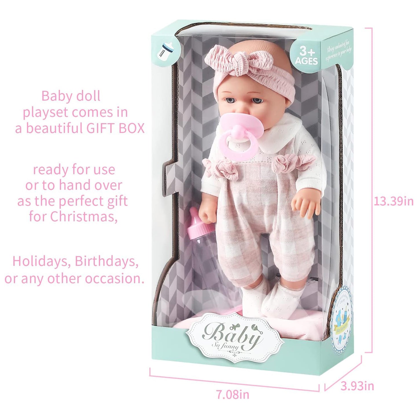 Enjoyin 12 inches Baby Doll Playset Including Pacifier, Feeding Bottle and Blanket. Gift Idea for Ages 3+