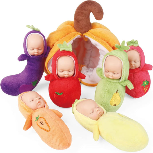 Enjoyin 4 Inches Mini Baby Dolls Playset Includes 6 Pcs Soft Baby Dolls and a Plush Pumpkin Storage Bag